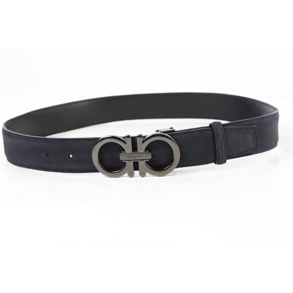 Salvatore Ferragamo Belt 120 Navy Blue Perforated Leather Gunmetal Gancini Luxe